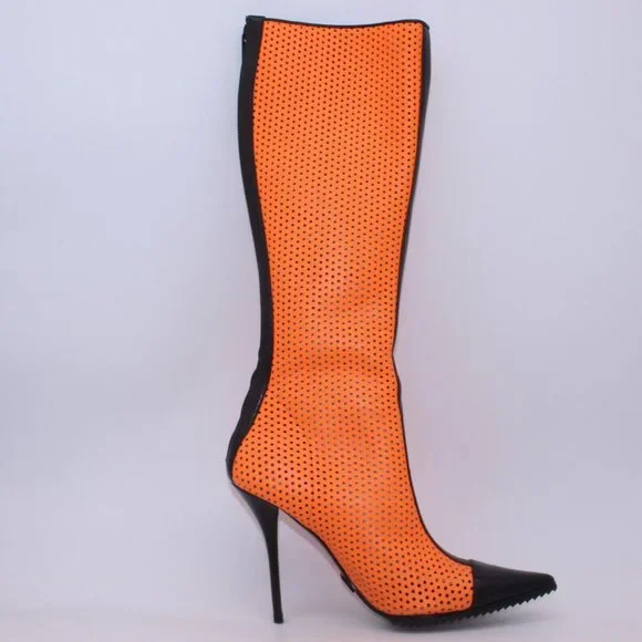 Michael Kors Perforated Leather Abigail Runway Boots Orange/Black Size 40 New - Picture 7 of 12